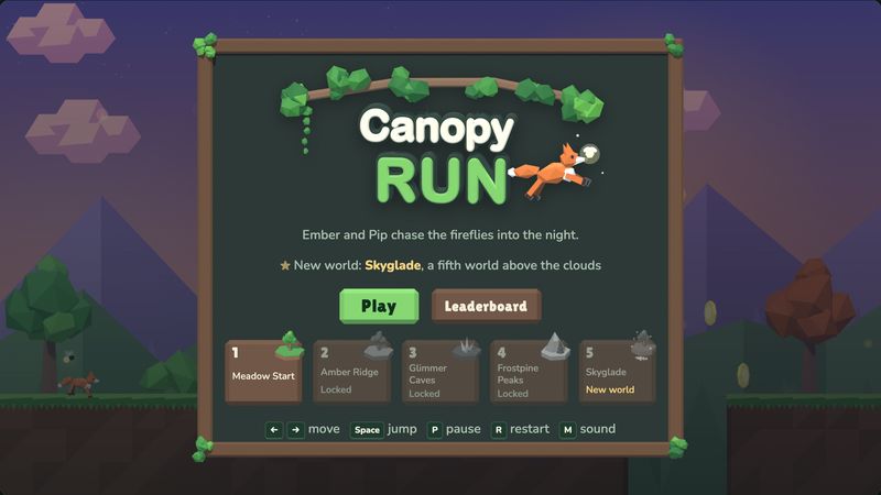 Title screen: the wooden sign with the Canopy Run logo, the Play button and five level cards, with Skyglade marked New world
