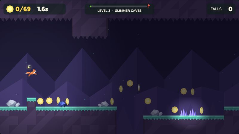 Ember leaping through the dark purple Glimmer Caves, lit by Pip and glowing crystals