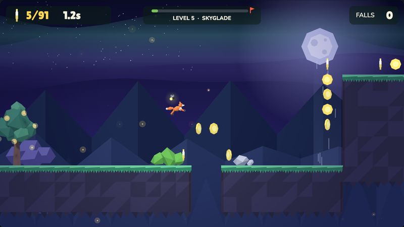 Ember mid-jump between floating islands in Skyglade at night, with a column of glimmers rising in an updraft